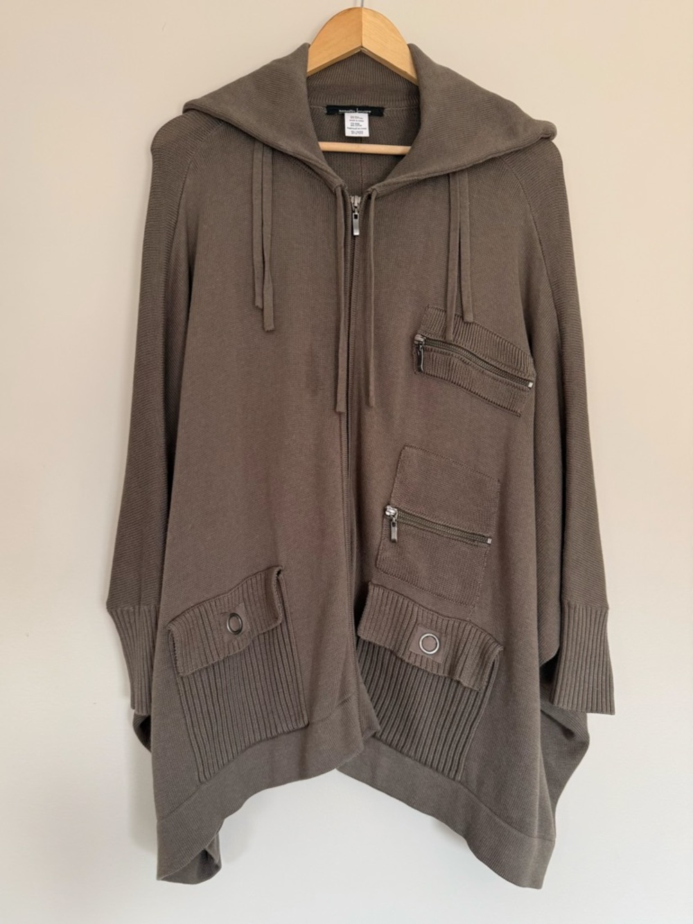Nanette Lepore Cargo Military Oversized Olive Green Silk Blend Sweater Poncho